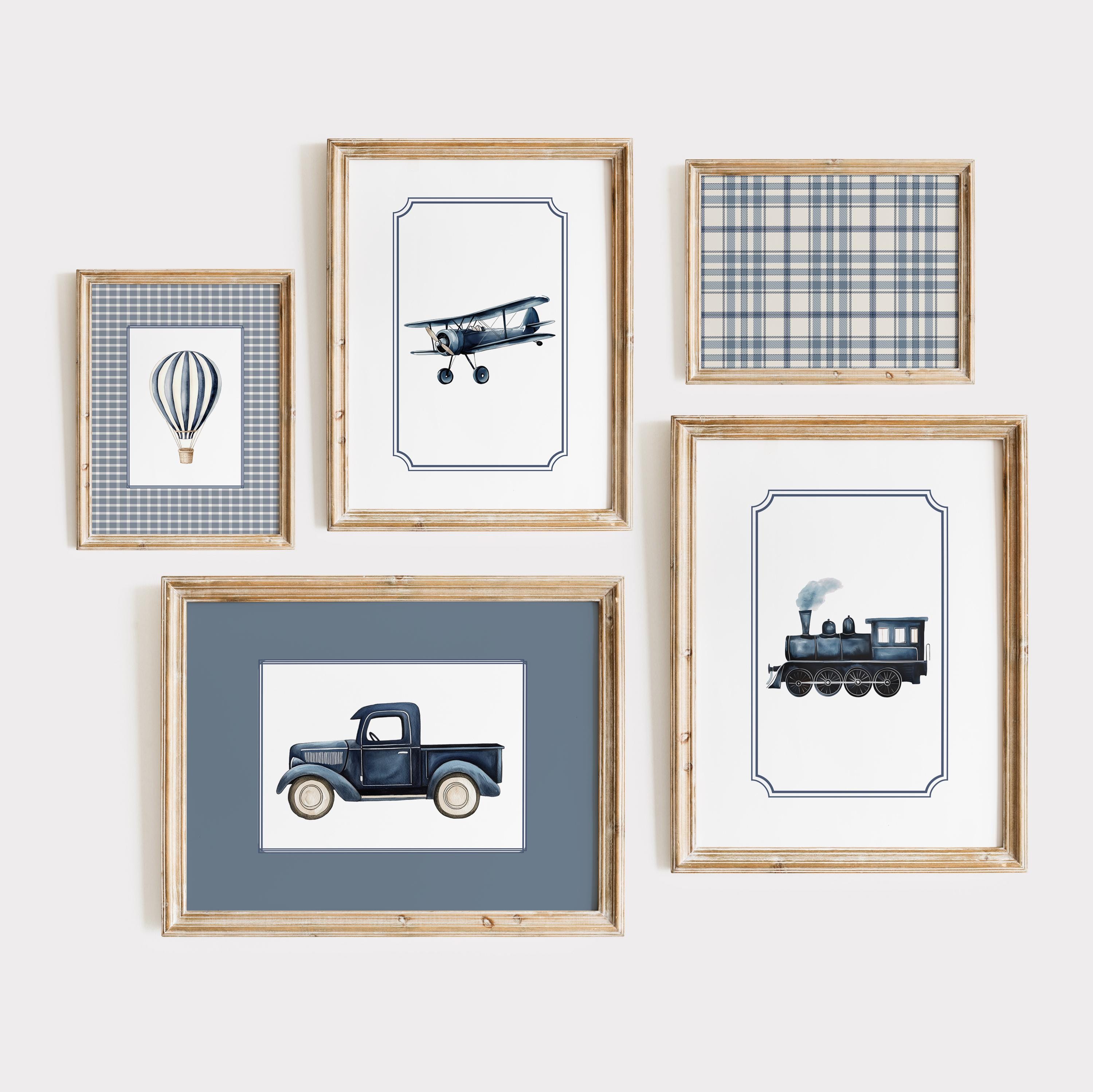 Vintage Transportation Nursery Wall Art Navy Blue Vintage Hot Air Balloon Biplane Train Truck Prints Blue Vintage Nursery Digital Prints G1
