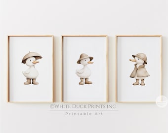 Set of 3 Duck Nursery Wall Art | Beige Nursery Decor Neutral Baby Room Duck Prints | White Duck Printable Art | Ducks in Rainboots Wall Art