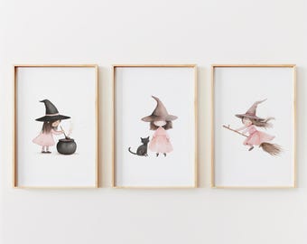Pink Halloween Witch Prints Set | Kids Room Decor (Digital Download)