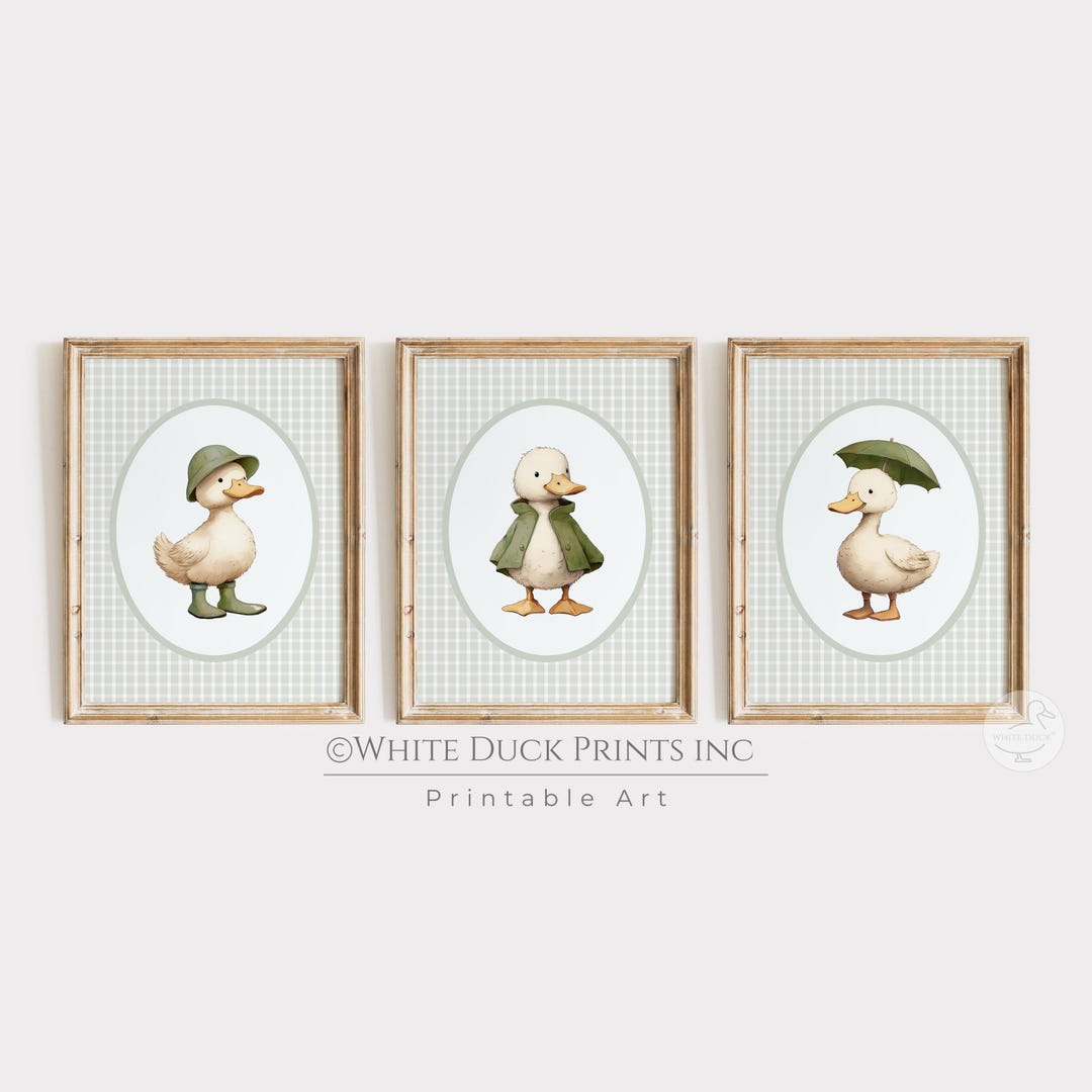 Set of 3 Duck Nursery Wall Art | Green Gingham Nursery Decor Baby ...