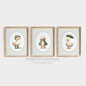 3er Set Enten Kinderzimmer Wandkunst | Grünes Gingham-Kinderzimmer Dekor Baby Enten Drucke | Weiße Ente druckbare Kunst | Enten in Regenstiefel Kinderzimmer