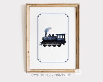 Vintage Train Nursery Print, Navy Blue Watercolor Steam Engine (Digital Download)
