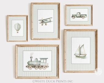 Sage Green Travel Boy Nursery Wall Art Green Checks Nursery Decor Vintage Truck Hot Air Balloon Boat Plane Train Transportaion Boy Decor