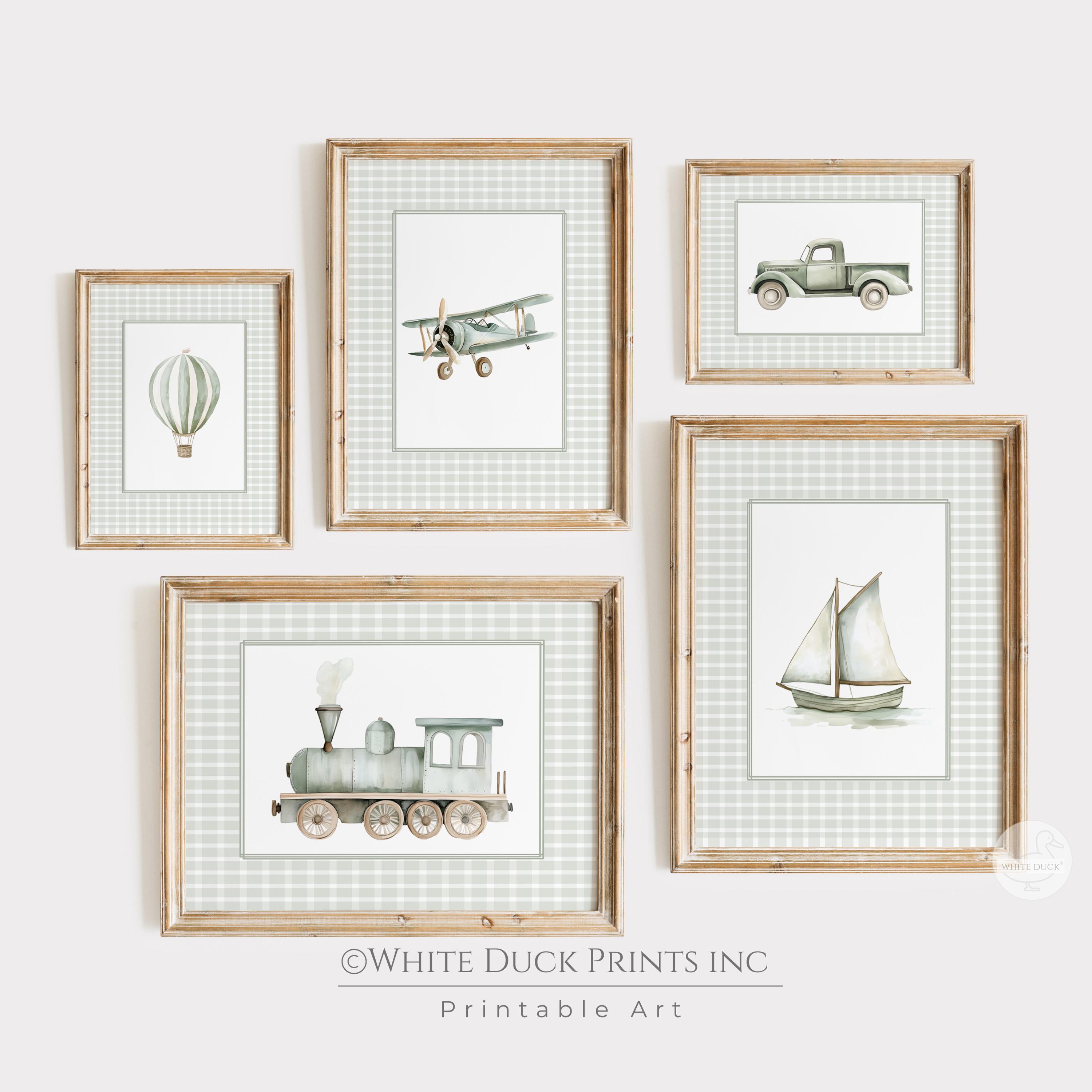 Sage Green Travel Boy Nursery Wall Art Green Checks Nursery Decor Vintage Truck Hot Air Balloon Boat Plane Train Transportaion Boy Decor