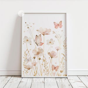 Wildflower Printable Art Butterfly Pink Boho Nursery Wall Art Pink Gold ...