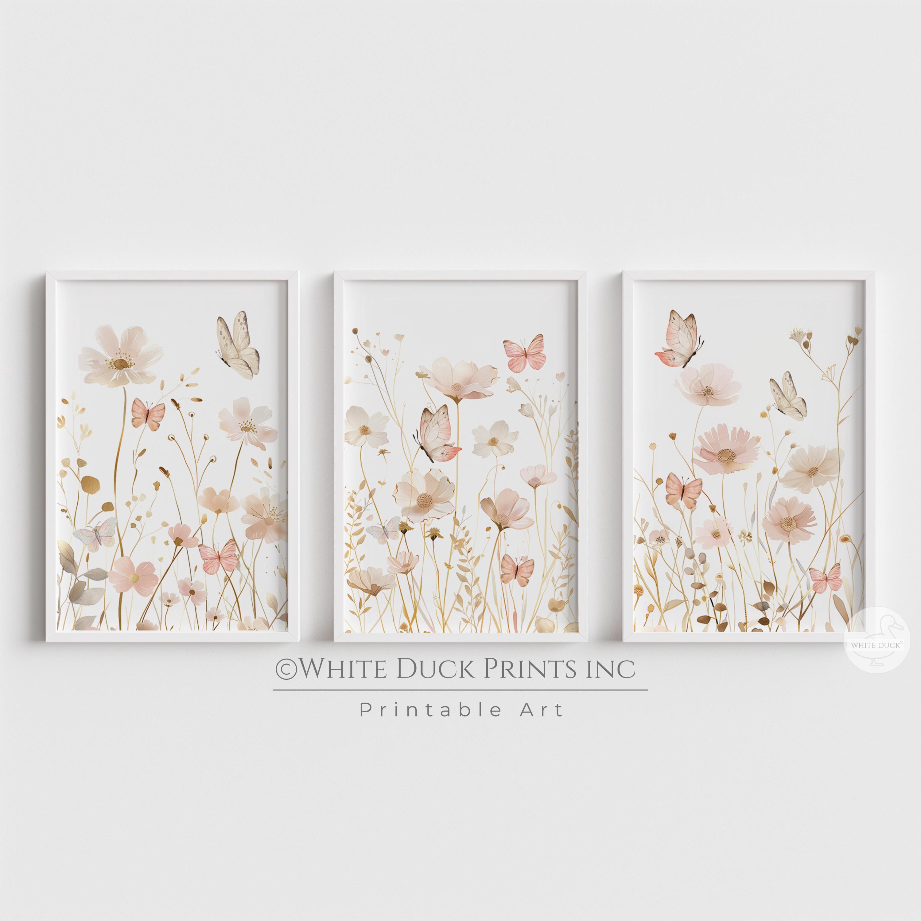 Wildflower Printable Art Butterfly Pink Boho Nursery Wall Art Pink Gold ...