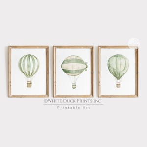 Sage Green Hot Air Balloon Nursery Wall Art Vintage Nursery Decor Printable Travel Wall Art Gender Neutral Room Decor