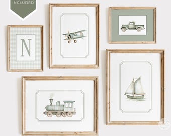 May include: Set of six printable nursery art prints featuring watercolor illustrations of a sailboat, airplane, train, truck, and the letter N. The prints have a light green background and are framed in a light wood frame.