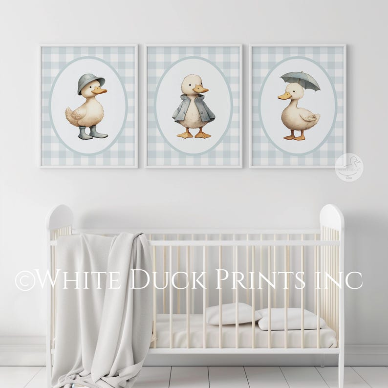 Set of 3 Duck Nursery Wall Art | Blue Gingham Nursery Decor Baby ...