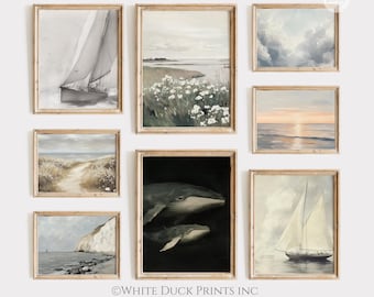 Coastal Farmhouse Art Prints, Vintage Seaside Gallery Wall Set (Digital Download)