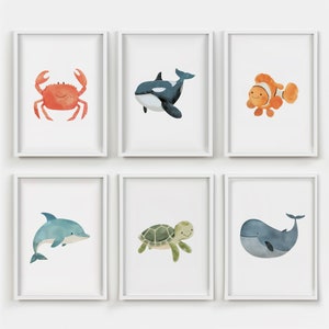 Bajo el mar vivero impresiones conjunto de 6 / animales marinos vivero arte de la pared / cartel de animales del océano náutico / arte de pared imprimible de la sala de juegos del océano