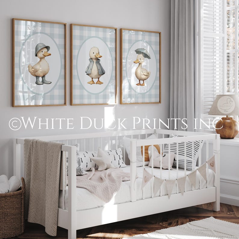 Set of 3 Duck Nursery Wall Art | Blue Gingham Nursery Decor Baby ...