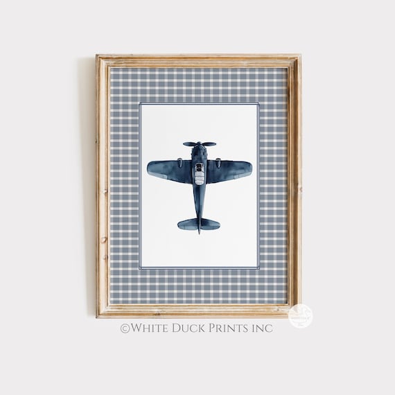 Navy Airplane Nursery Wall Art Vintage Plane Print Boy Room Vintage Wall Art Navy Nursery Decor Transportation Blue Gingham Nursery Decor