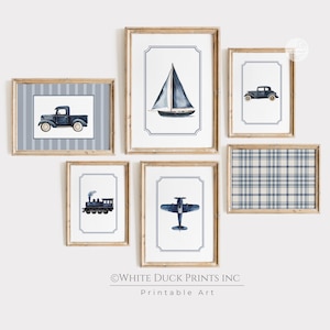 Vintage vervoer kinderkamer muur kunst marineblauw vintage auto vliegtuig trein vrachtwagen boot reizen vintage kinderkamer decor vintage galerij set van 6