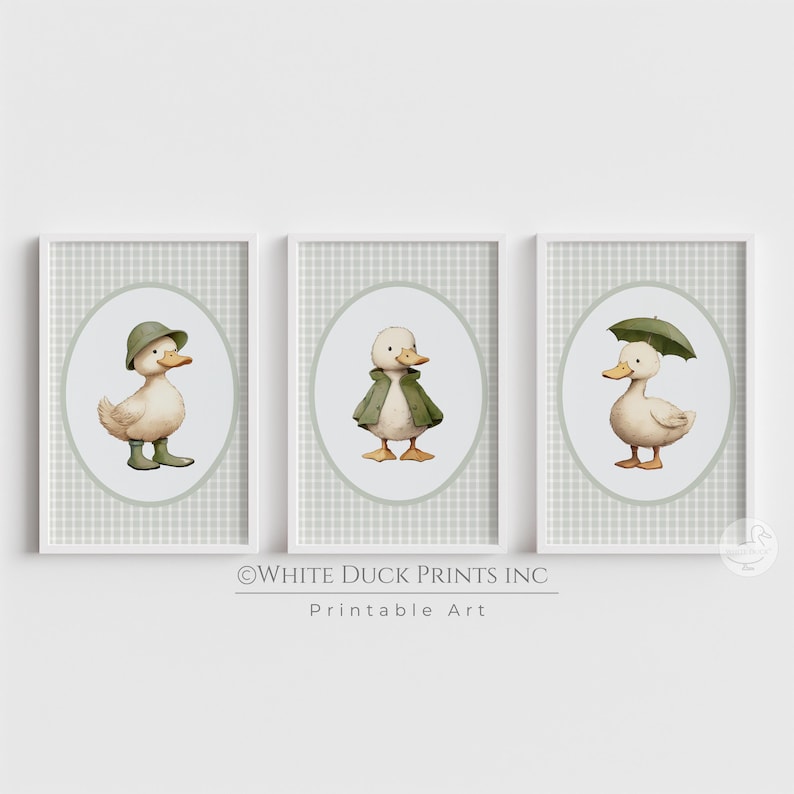 Set of 3 Duck Nursery Wall Art | Green Gingham Nursery Decor Baby ...