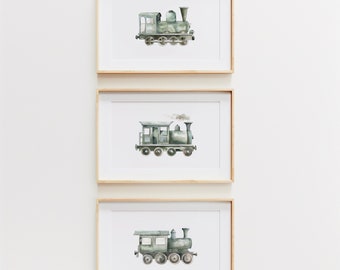 Green Train Prints Set | Vintage Steam Locomotive Wall Art (Digital Download)