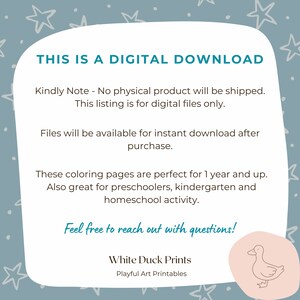 K&ouml;nnte beinhalten: Eine digitale Download-Ank&uuml;ndigung mit blauem Hintergrund und wei&szlig;en Sternen. Der Text lautet "Dies ist ein digitaler Download. Bitte beachten Sie - Es wird kein physisches Produkt versandt. Diese Auflistung ist nur f&uuml;r digitale Dateien. Die Dateien stehen nach dem Kauf zum sofortigen Download zur Verf&uuml;gung. Diese Malvorlagen sind perfekt f&uuml;r Kinder ab 1 Jahr. Auch toll f&uuml;r Vorschulkinder, Kindergarten und Homeschooling. Bei Fragen k&ouml;nnen Sie sich gerne an uns wenden! White Duck Prints Spielerische Kunstdrucke". Ein rosa Kreis mit einer wei&szlig;en Entenillustration befindet sich in der unteren rechten Ecke.