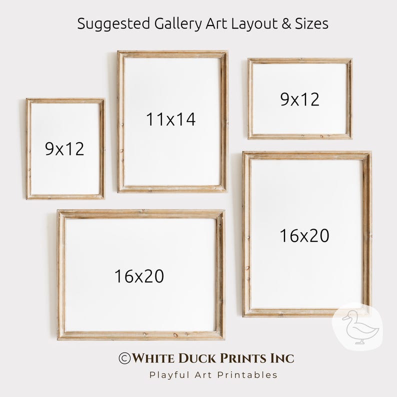 Peut inclure: Suggestion de pr&eacute;sentation d'art en galerie avec cinq impressions encadr&eacute;es. Les tailles incluent 23x30 cm, 28x36 cm et 41x51 cm. Les cadres sont de couleur marron clair. Le texte en bas indique "WHITE DUCK PRINTS INC Playful Art Printables."