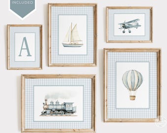 Blue Travel Boy Nursery Wall Art Vintage Boy Nursery Name Print Light Blue Transportation Personalized Decor Baby Boy Initial Monogram G29