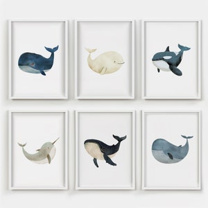 Wal Print 6er Set | Seetiere Poster | Poster Maritime Meerestiere | Wal Kinderzimmer Dekor | Strand Dekor | Spielzimmer Wandkunst