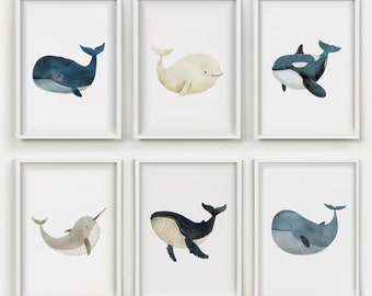 May include: Set of six framed watercolor illustrations of various sea creatures, including a whale, a narwhal, an orca, and a dolphin. The illustrations are in shades of blue, gray, and white, and are set against a white background.
