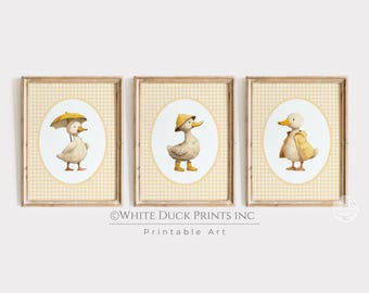 Set of 3 Duck Nursery Wall Art | Yellow Check Nursery Decor Baby Duckling Prints | White Duck Printable Art | Gender Neutral Nursery Print