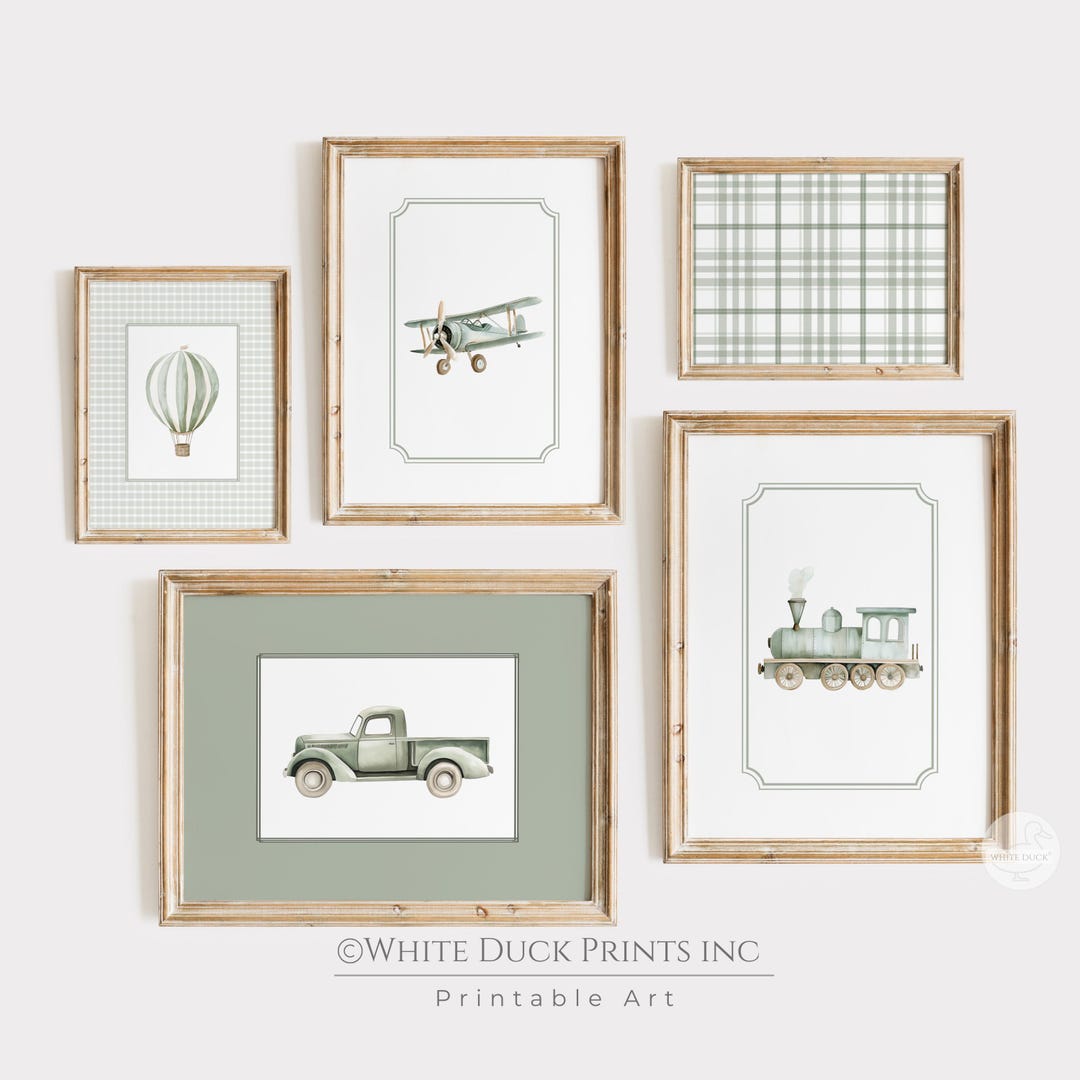 Sage Green Travel Boy Nursery Wall Art | Vintage Truck Hot Air Balloon ...