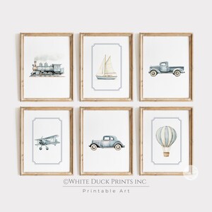Blue Travel Boy Nursery Wall Art Vintage Truck Hot Air Balloon Boat Plane Train Car Print Transportation Nursery Decor Gallery Set of 6 G34