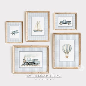 Reizen jongen kinderkamer muurkunst vintage transport prints blauwe aquarel vrachtwagen heteluchtballon boot vliegtuig trein blauw pastel decor G23