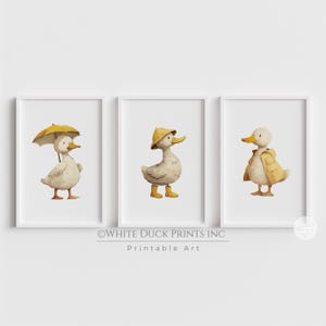 Juego de 3 impresiones de patos para pared de guardería, decoración amarilla para guardería, impresiones de patos de género neutro, impresiones de patos blancos, decoración de pared para habitación infantil.