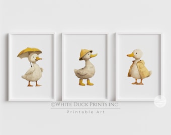 Juego de 3 impresiones de patos para pared de guardería, decoración amarilla para guardería, impresiones de patos de género neutro, impresiones de patos blancos, decoración de pared para habitación infantil.