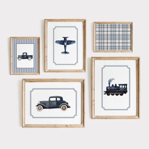 Vintage Transportation Nursery Wall Art Navy Blue Vintage Car Plane Train Truck Prints Travel Vintage Nursery Decor Vintage Gallery Set of 5