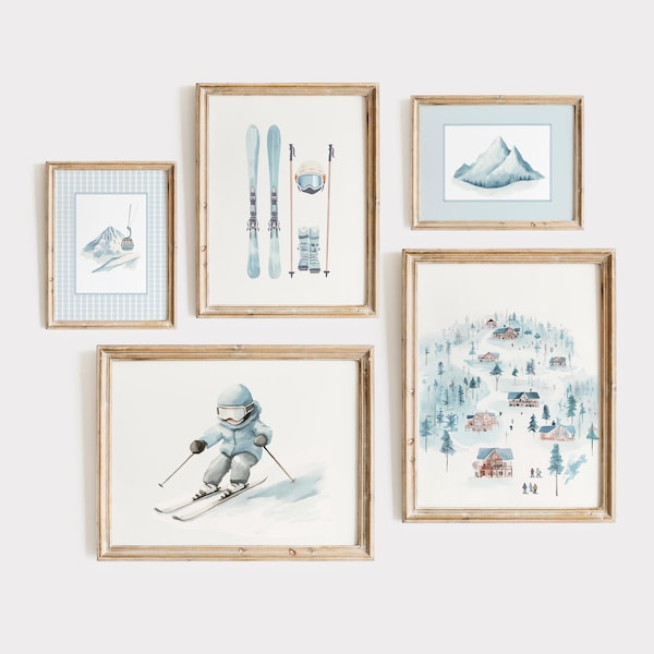 Ski Wall Art Skiing Kids Room Prints Ski Slopes Snowy Mountain Winter Cabin Kids Room Prints Muted Blue Winter Sport Nursery Decor Boy Room