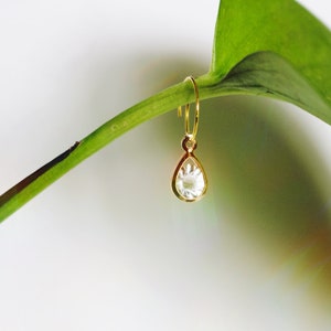 May include: A gold teardrop-shaped earring with a clear crystal stone.