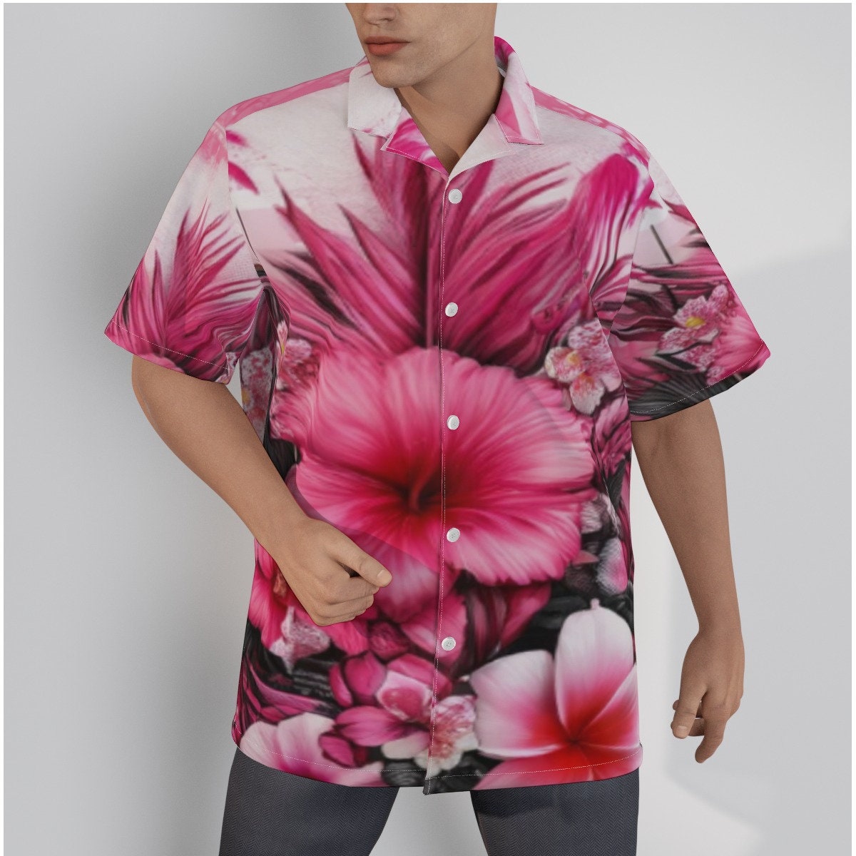 JOGAL Men's Hawaiian Shirt - Flower Print Short Sleeve Button Down, White & Purple - View #9