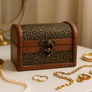 May include: A small wooden treasure chest with a decorative pattern and metal clasp sits on a white surface. Gold jewelry, including a bracelet, earrings, and a necklace, is arranged around the chest. A small bowl with pearls is also present.