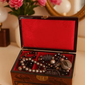 Vintage Korean Mother of Pearl Jewelry Box: Crane & Pagoda Inlay