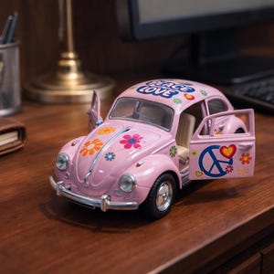 May include: A pink toy car with the doors open, decorated with flower and peace symbols. The car has the words "PEACE LOVE" on the roof. The car is sitting on a wooden desk.