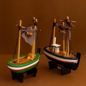 Handmade Wooden Fishing Boat Set Nautical Mediterranean Decor