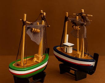 Juego de barco de pesca de madera hecho a mano, decoración náutica mediterránea