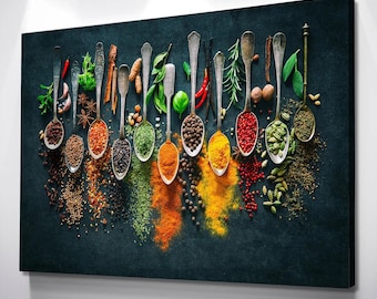 May include: A close-up of a variety of spices in silver spoons on a dark blue background. The spices are arranged in a row and include red pepper flakes, turmeric, cumin, coriander, and other spices.