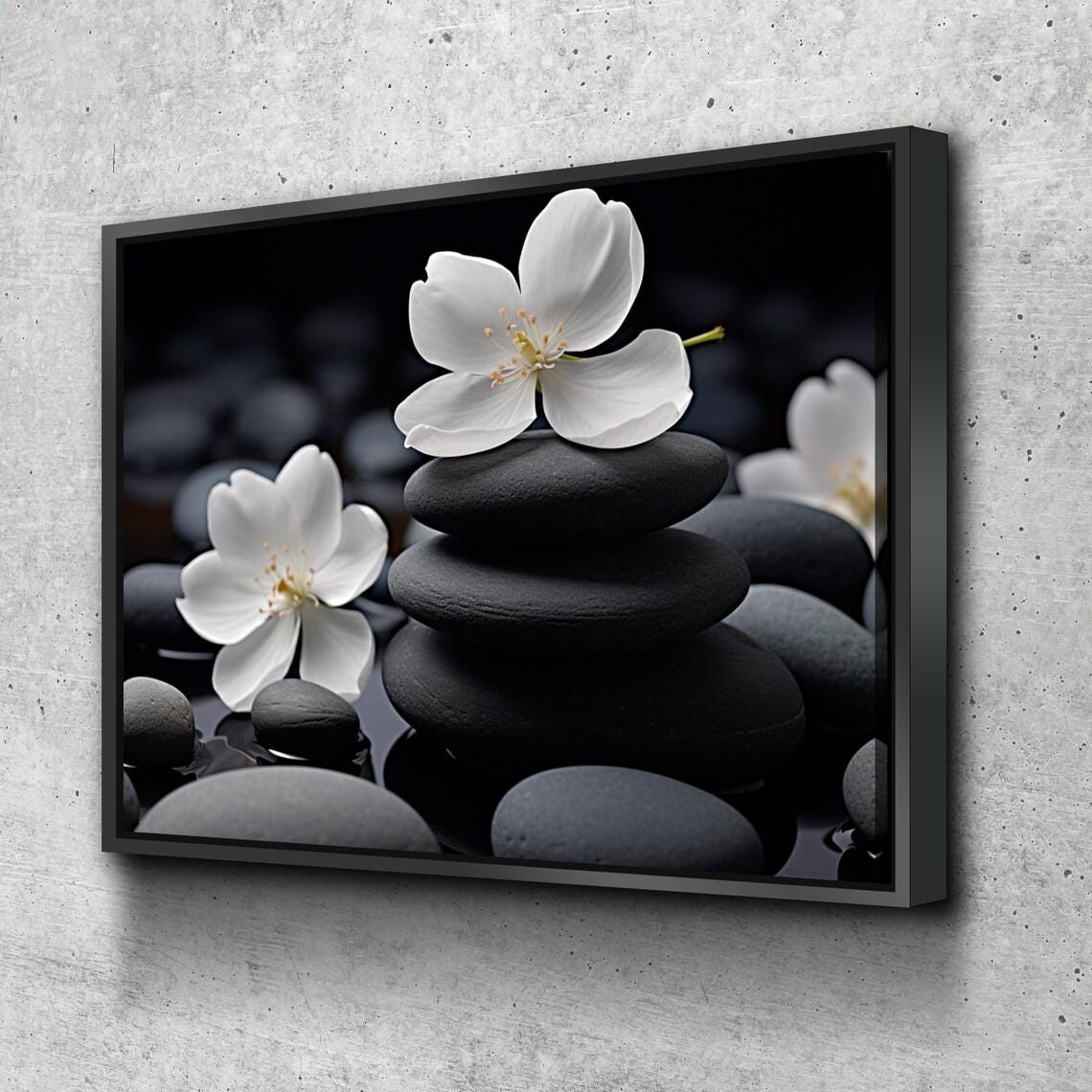 Floral Zen Stones Black Spa Bathroom Wall Art | Bathroom Wall Decor Bathroom Canvas Art Prints Canvas Wall Art Christmas gift New House Gift