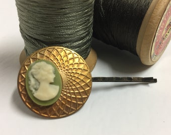 vintage hair pin .. brass and olive green cameo