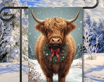 Garden Banner, Holiday Highland Cow Christmas Santa Hat Wreath Snow, House Banner, Christmas Decor, Festive Home Decoration, Winter Garden