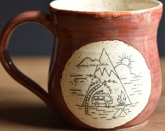 Burgundy RV Camper Mug, Handmade stoneware