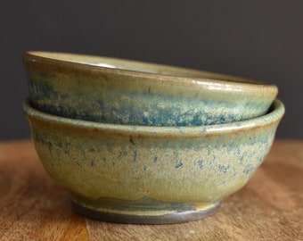 Pair of Two Small Bowls (Rice, Dessert, Salsa, Ice Cream), Handmade Pottery - Rustic Green