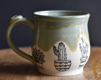 Green Plant Succulent mug, Handmade stoneware