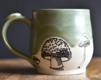 Green Mushroom mug, Handmade Pottery