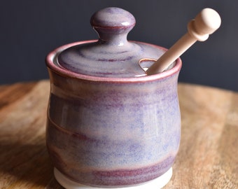 Honey Pot, Handmade ceramic Honey Jar with dipping stick, Purple