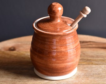 Honey Pot, Handmade ceramic Honey Jar with dipping stick, Red